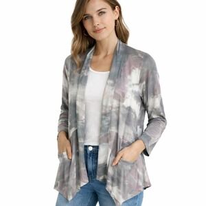 LOGO by Lori Goldstein Boho Watercolor Open Front Pocket Cardigan Women S Gray